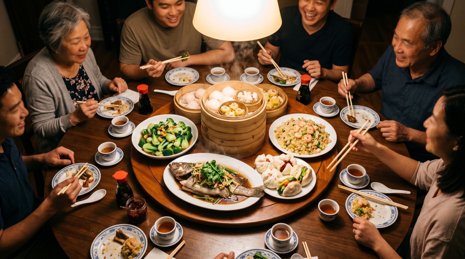 Communal Asian dining table set for sharing